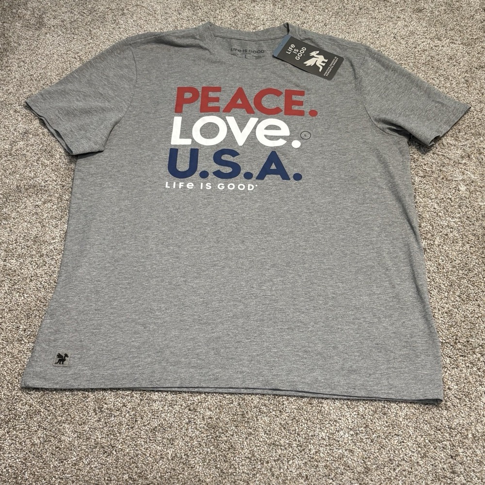 Life is Good Men's Size Large Peace Love USA Gray Graphic Tee Crusher NWT New